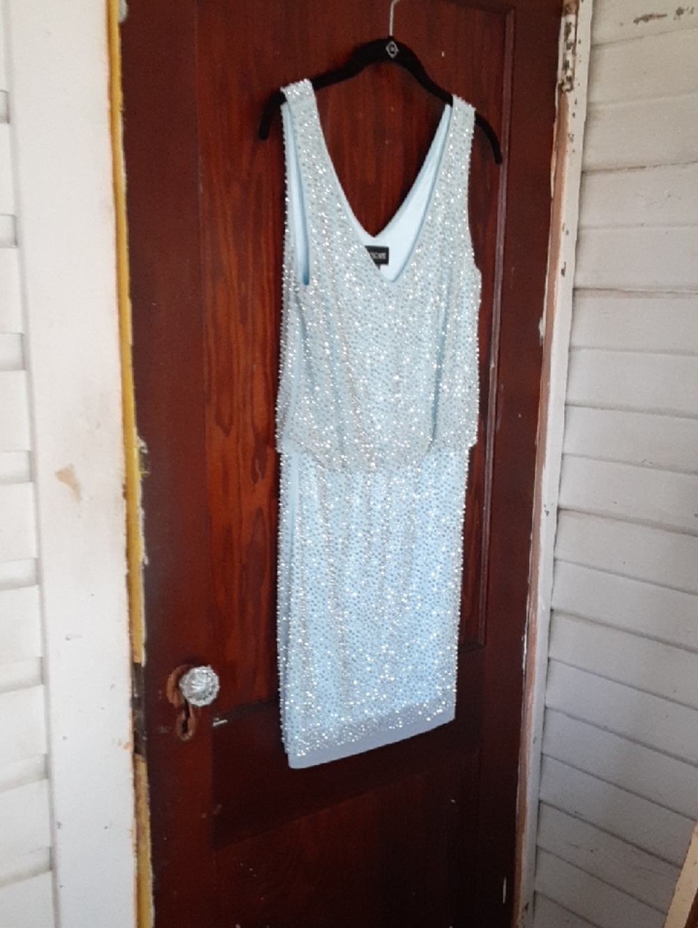 Escape Beaded Pale Blue V-Neck Mini Dress